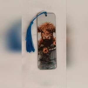 Highland Cow Bookmark with Blue Tassel